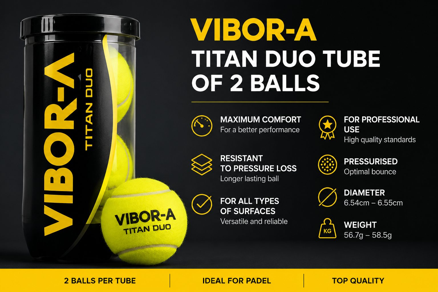 VIBOR-A Titan Duo Padel Balls – 2 Ball Tube