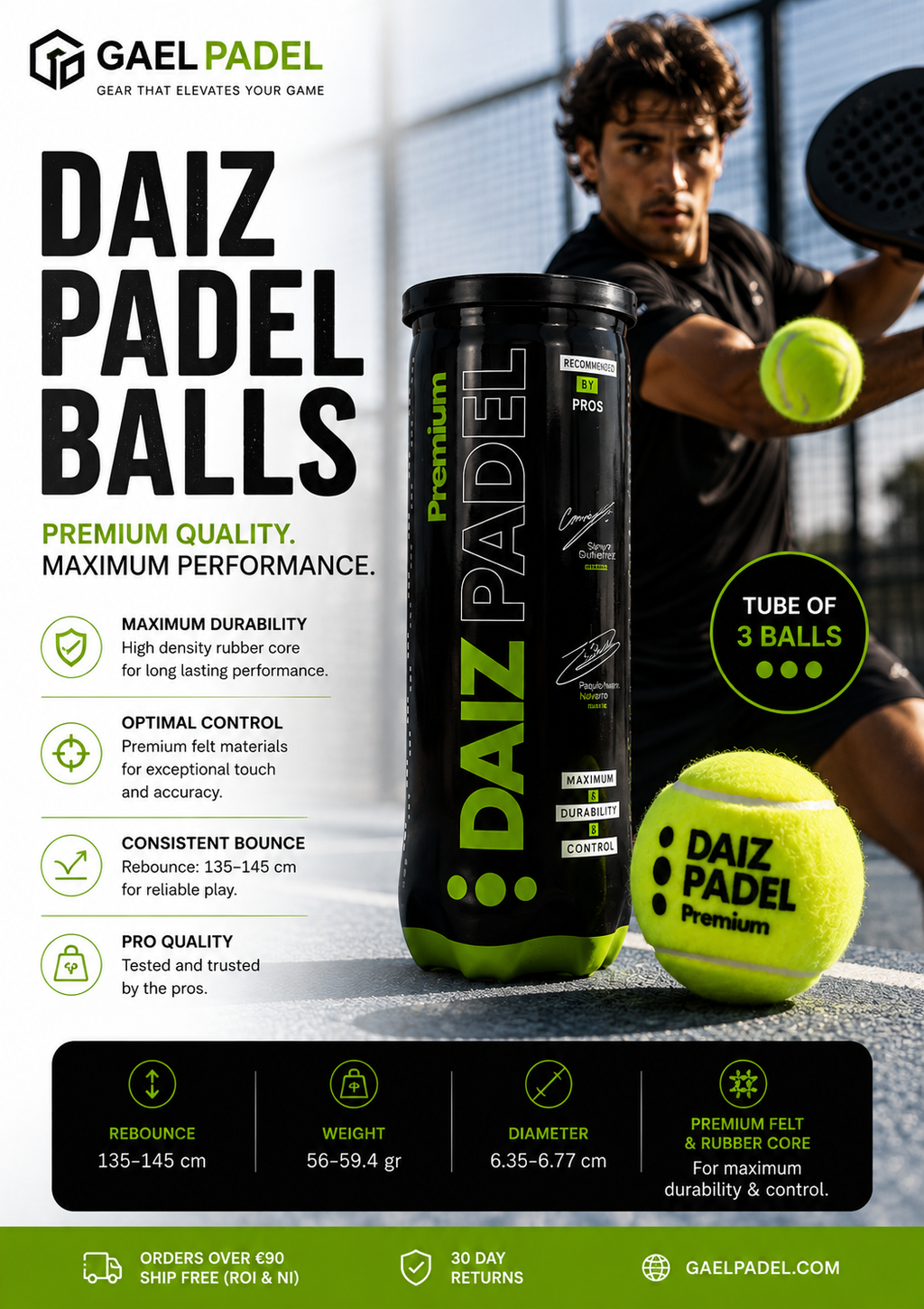 DAIZ Premium Padel Balls – Tube of 3