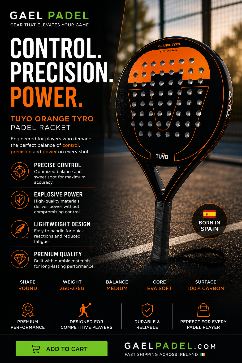 TUYO Orange Tyro Padel Racket | Power & Precision