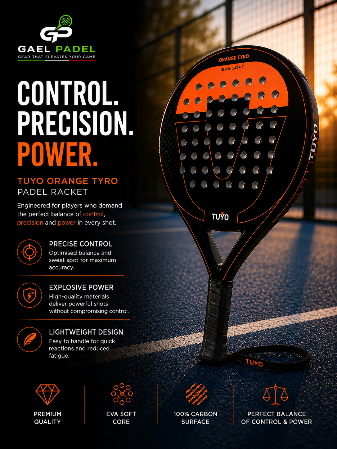 TUYO Orange Tyro Padel Racket | Power & Precision